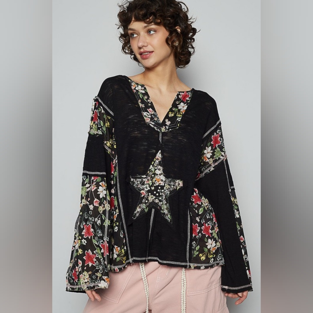 POL Floral Stud Detail Star Patch Notched Long Sleeve T-Shirt